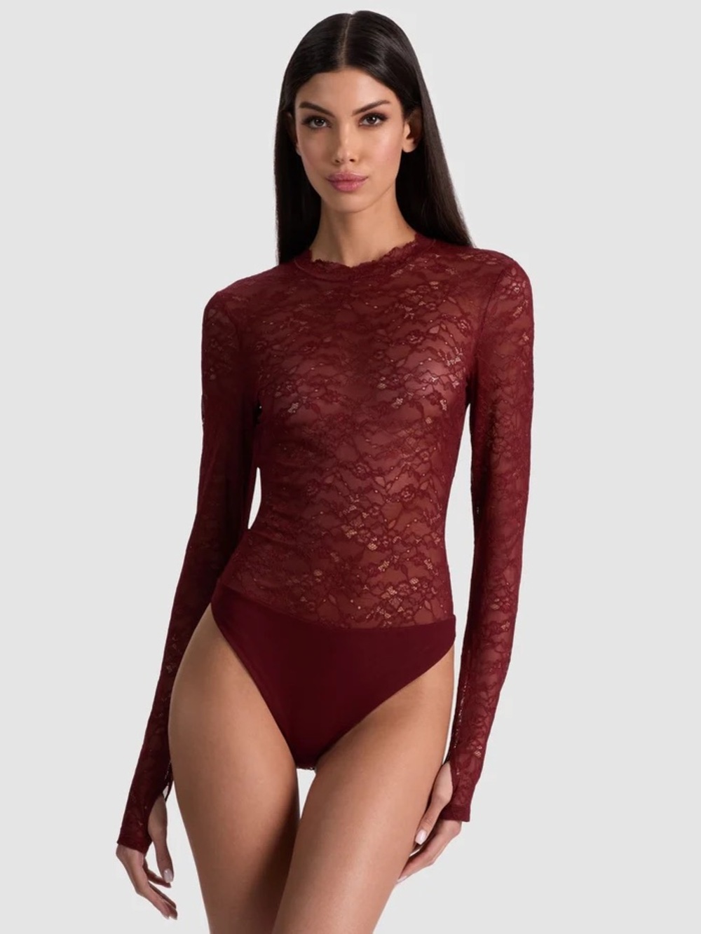 Alice + Olivia red burgundy Taeyn lace long sleeve mockneck bodysuit size XL NWT